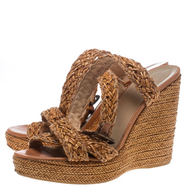 Pre Owned Stuart Weitzman Beige Leather and Raffia Braided Ankle Wrap Platform Wedge Sandals Size 38.5