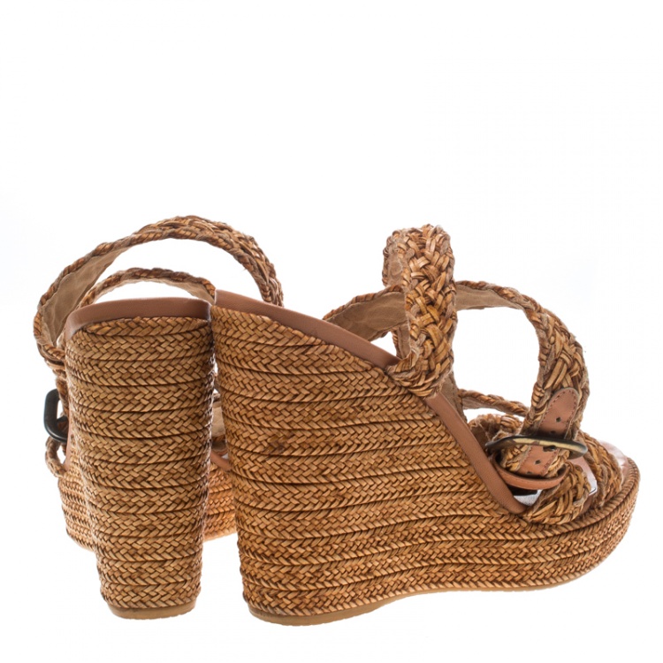Pre Owned Stuart Weitzman Beige Leather and Raffia Braided Ankle Wrap Platform Wedge Sandals Size 38.5