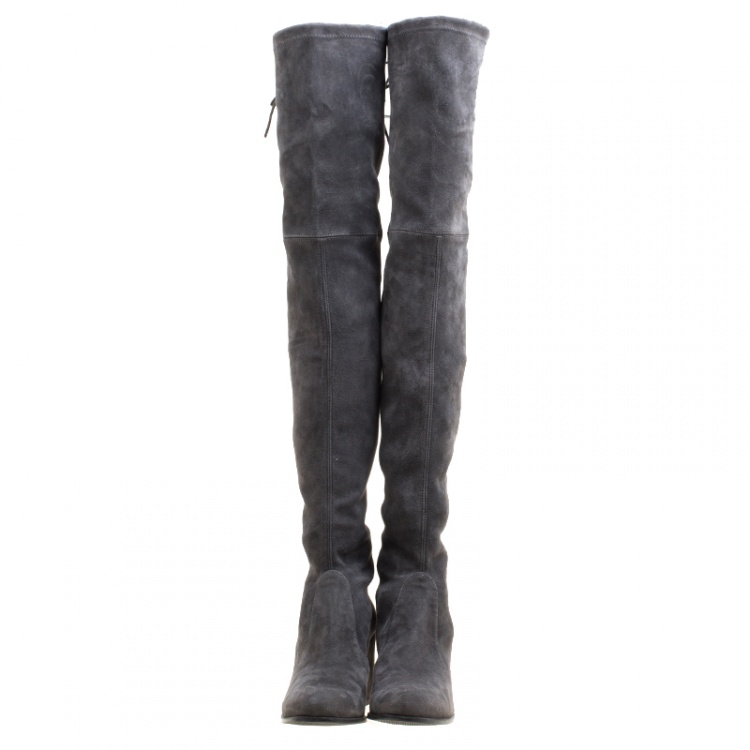 Pre Owned Stuart Weitzman Grey Suede Tieland Over The Knee Block Heel Boots Size 42
