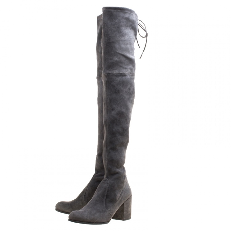 Pre Owned Stuart Weitzman Grey Suede Tieland Over The Knee Block Heel Boots Size 42