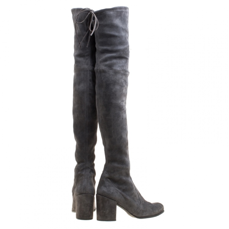 Pre Owned Stuart Weitzman Grey Suede Tieland Over The Knee Block Heel Boots Size 42
