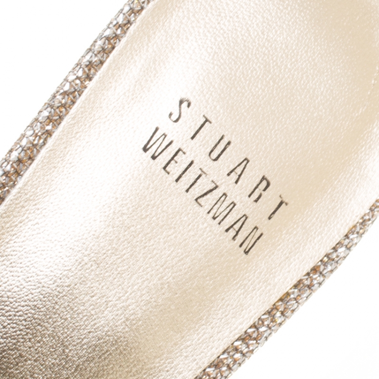 Pre Owned Stuart Weitzman Metallic Glitter Fabric Bobosong Bow Detail Peep Toe Slides Size 40