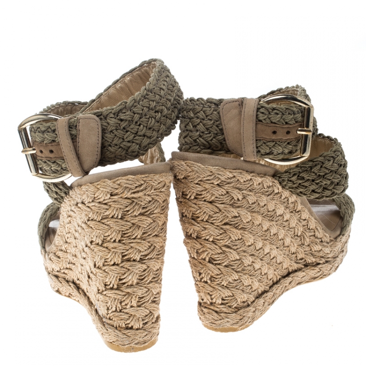 Pre Owned Stuart Weitzman Khaki Crochet Alex Ankle Halter Wrap Espadrille Wedge Sandals Size 38