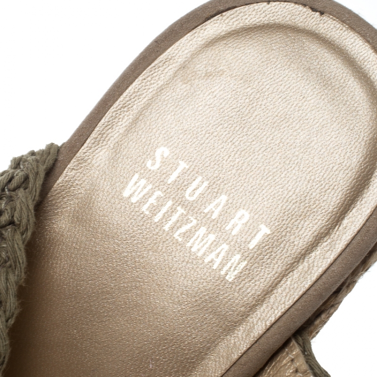 Pre Owned Stuart Weitzman Khaki Crochet Alex Ankle Halter Wrap Espadrille Wedge Sandals Size 38