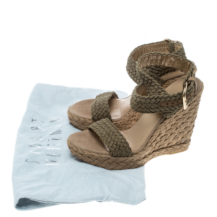 Pre Owned Stuart Weitzman Khaki Crochet Alex Ankle Halter Wrap Espadrille Wedge Sandals Size 38