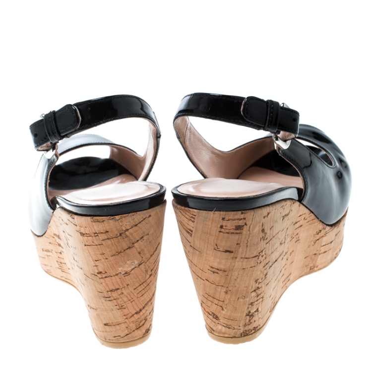 Pre Owned Stuart Weitzman Black Patent Leather Jean Peep Toe Cork Wedge Slingback Sandals Size 36