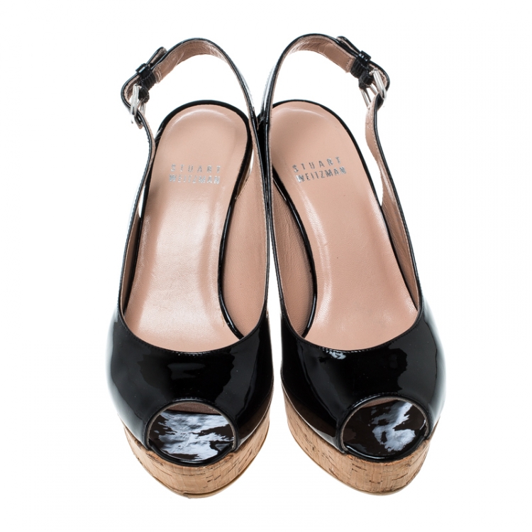Pre Owned Stuart Weitzman Black Patent Leather Jean Peep Toe Cork Wedge Slingback Sandals Size 36