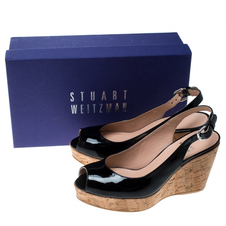 Pre Owned Stuart Weitzman Black Patent Leather Jean Peep Toe Cork Wedge Slingback Sandals Size 36