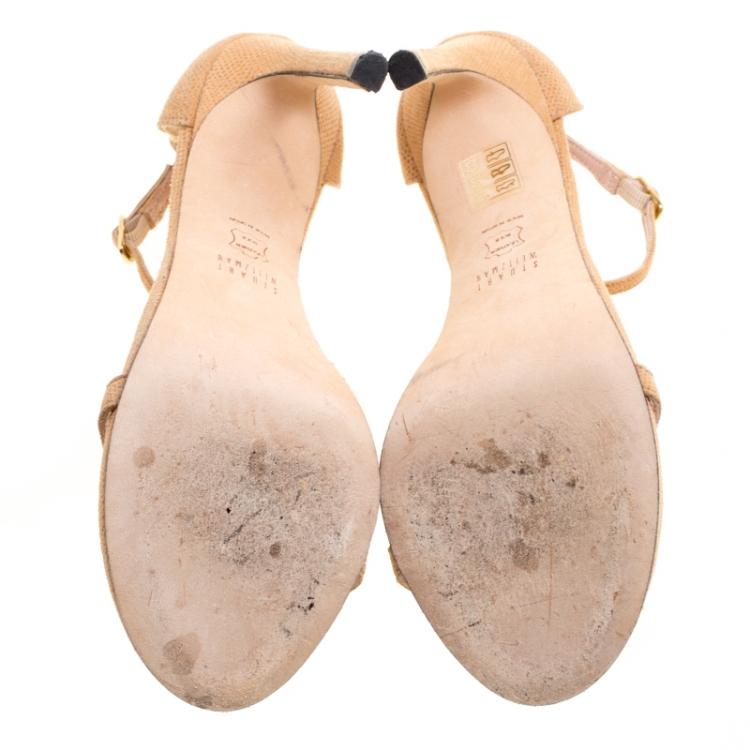 Pre Owned Stuart Weitzman Beige Suede Ankle Strap Open Toe Sandals Size 38.5