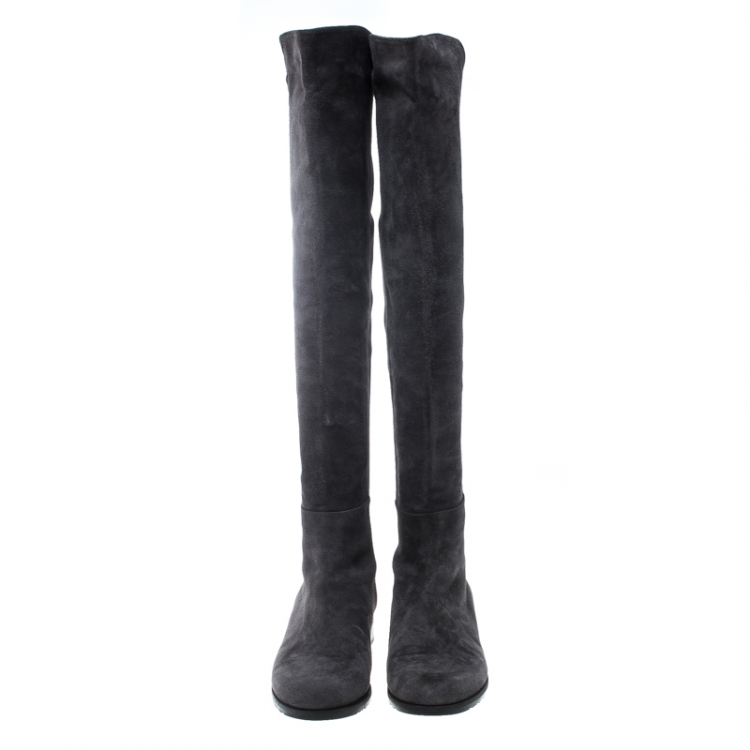 Pre Owned Stuart Weitzman Grey/Black Suede and Fabric 50:50 Knee High Boots Size 37