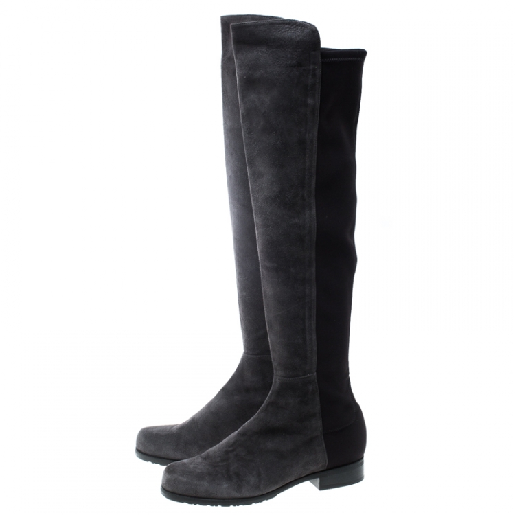 Pre Owned Stuart Weitzman Grey/Black Suede and Fabric 50:50 Knee High Boots Size 37