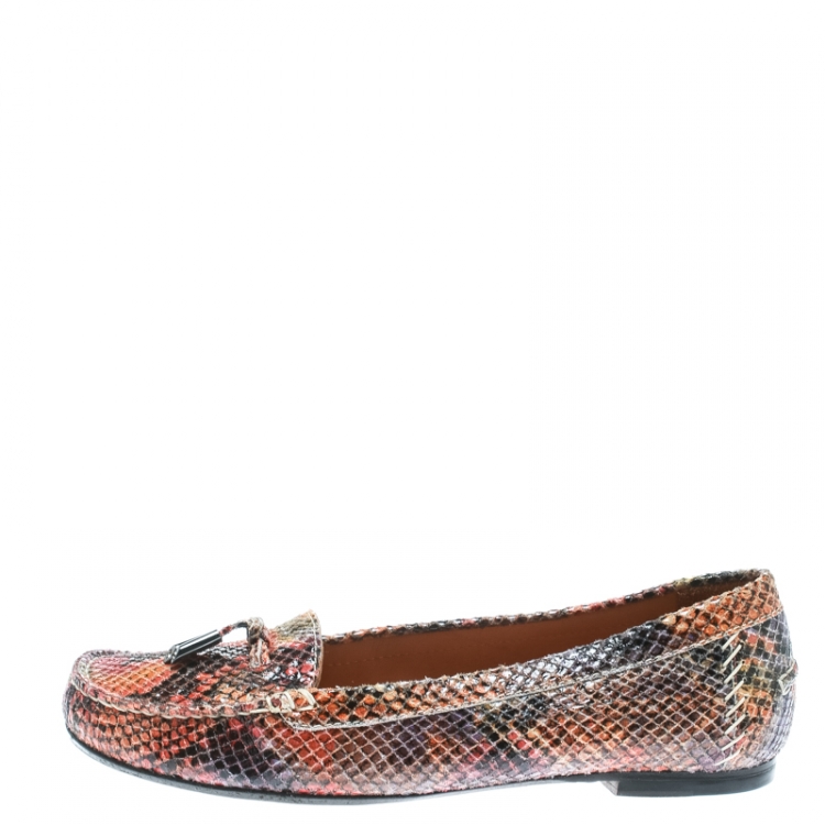 Pre Owned Stuart Weitzman Multicolor Python Embossed Leather Tassel Detail Loafers Size 38.5