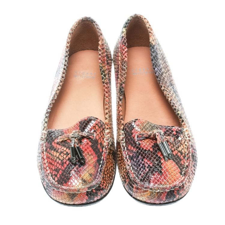 Pre Owned Stuart Weitzman Multicolor Python Embossed Leather Tassel Detail Loafers Size 38.5