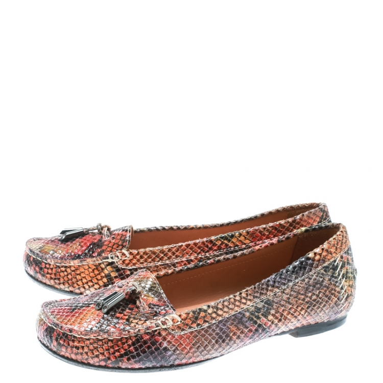Pre Owned Stuart Weitzman Multicolor Python Embossed Leather Tassel Detail Loafers Size 38.5