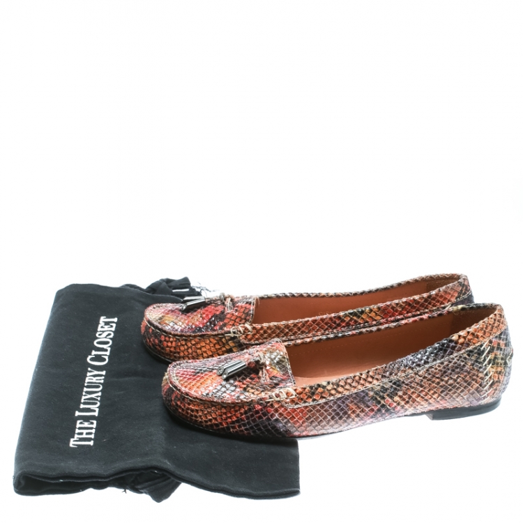 Pre Owned Stuart Weitzman Multicolor Python Embossed Leather Tassel Detail Loafers Size 38.5