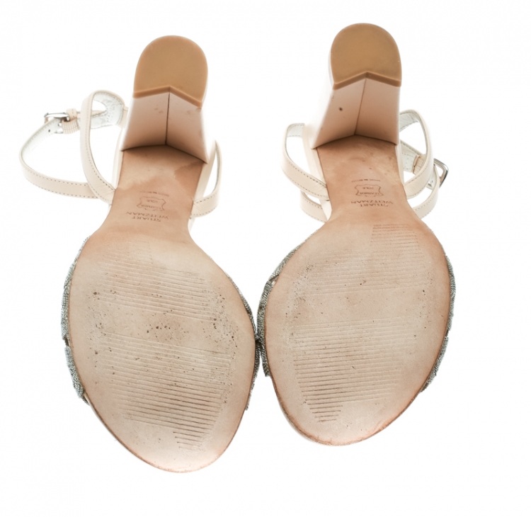 مملوكة مسبقًا Stuart Weitzman Beige Leather Chain Reaction Ankle Strap Sandals Size 37.5