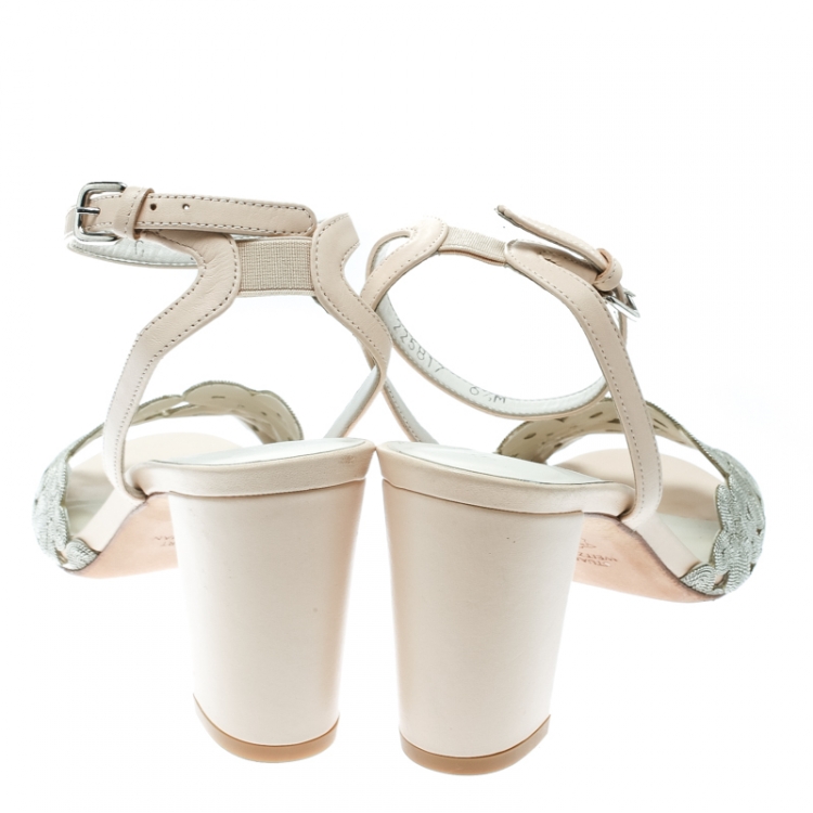 مملوكة مسبقًا Stuart Weitzman Beige Leather Chain Reaction Ankle Strap Sandals Size 37.5