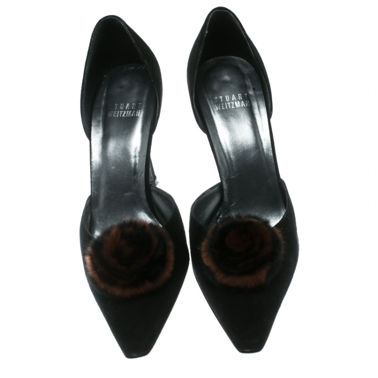 Pre Owned Stuart Weitzman Black Suede Fur Pom Pom D'orsay Pumps Size 37.5