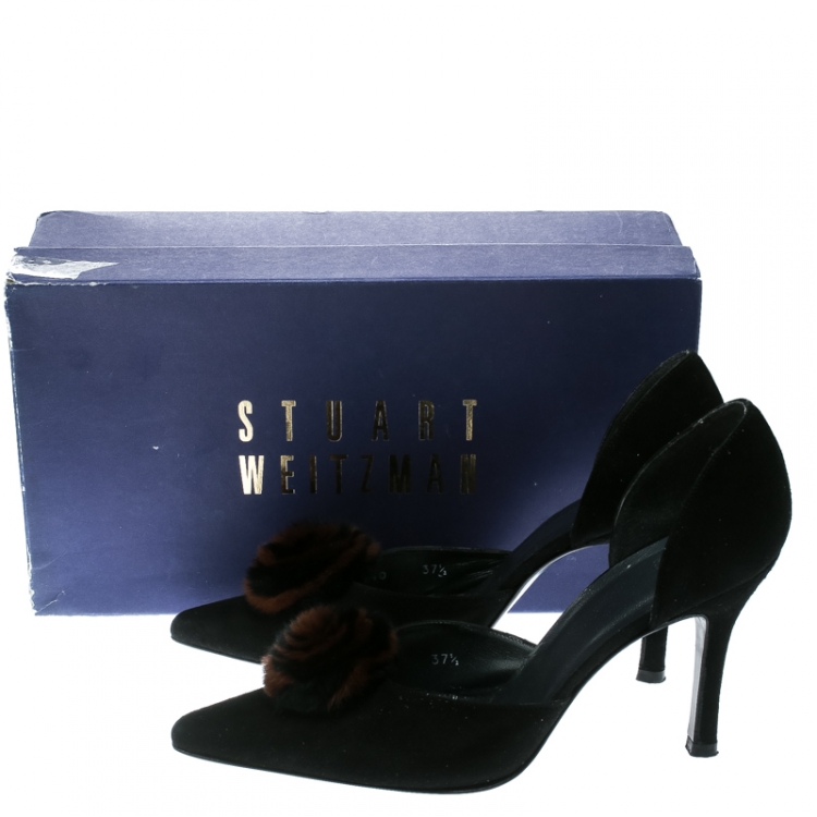 Pre Owned Stuart Weitzman Black Suede Fur Pom Pom D'orsay Pumps Size 37.5