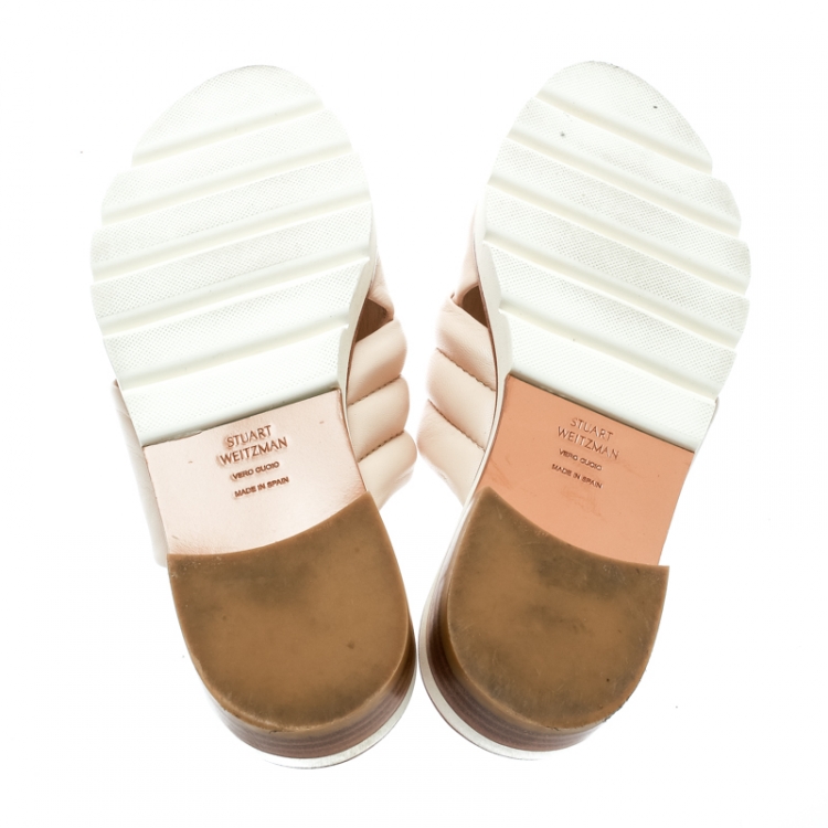 Pre Owned Stuart Weitzman Beige Leather Crisscross Slide Sandals Size 36