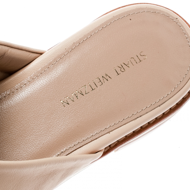 Pre Owned Stuart Weitzman Beige Leather Crisscross Slide Sandals Size 36
