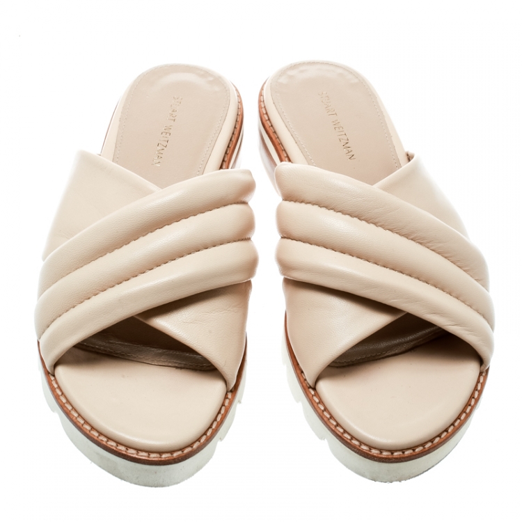 Pre Owned Stuart Weitzman Beige Leather Crisscross Slide Sandals Size 36