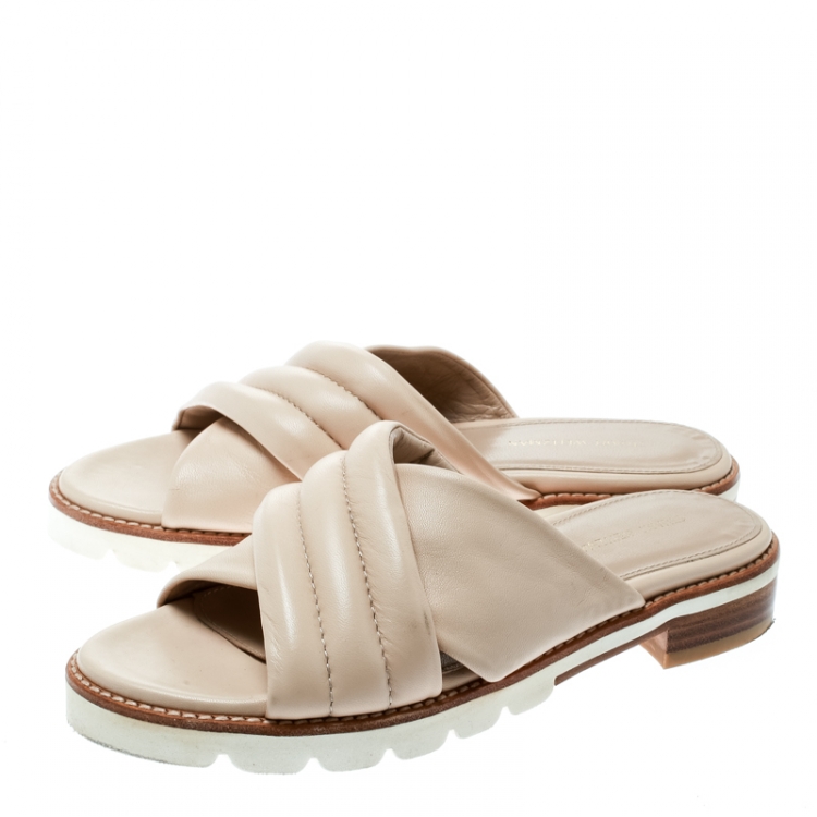 Pre Owned Stuart Weitzman Beige Leather Crisscross Slide Sandals Size 36