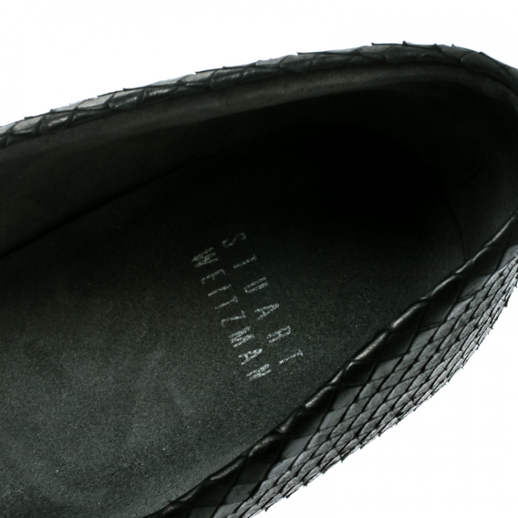 Pre Owned Stuart Weitzman Black Python Embossed Leather Wedge Tassel Detail Loafers Pumps Size 41