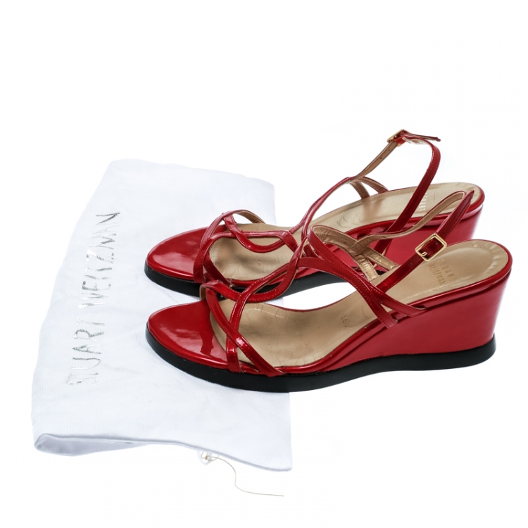 Pre Owned Stuart Weitzman Red Patent Leather Strappy Wedge Sandals Size 36.5