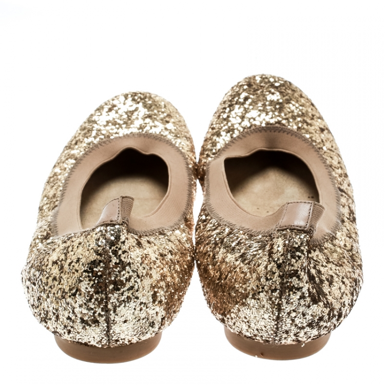 Pre Owned Stuart Weitzman Metallic Gold Glitter Lastikon Scrunch Ballet Flats Size 38.5