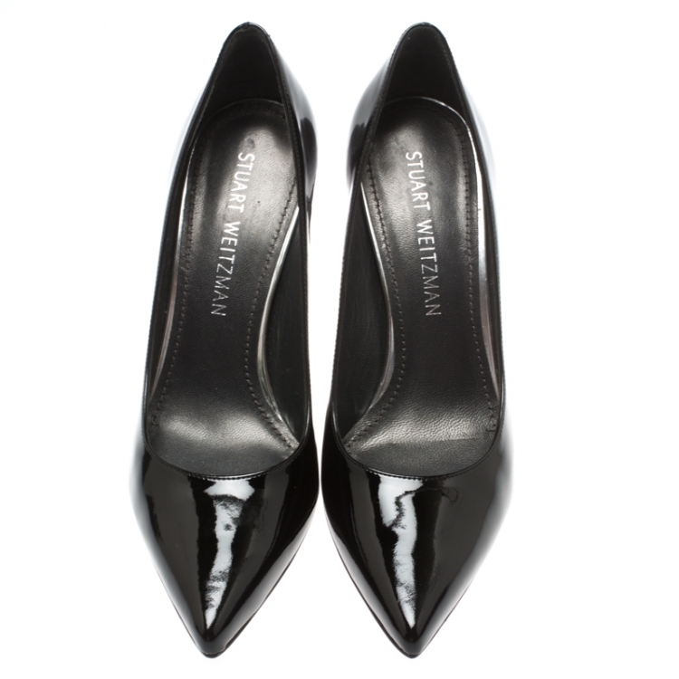 Pre Owned Stuart Weitzman Black Patent Leather Heist Pointed Toe Pumps Size 38