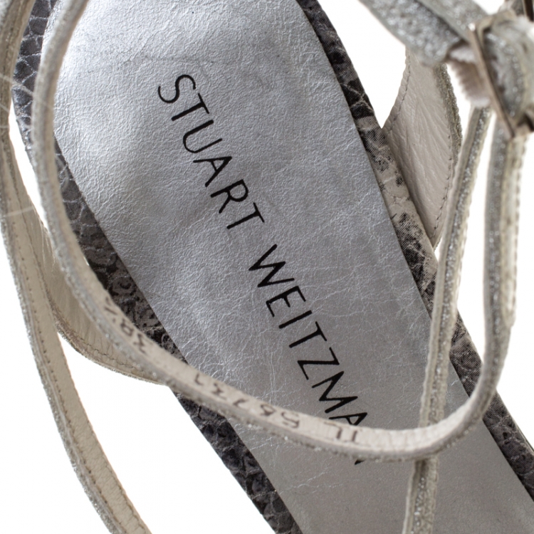 Pre Owned Stuart Weitzman Metallic Silver Glitter And Python Embossed Leather Strappy Sandals Size 38.5