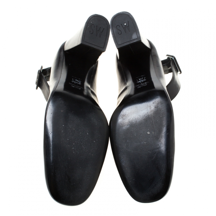 Pre Owned Stuart Weitzman Black Leather Ankle Strap Block Heel Pumps Size 42.5