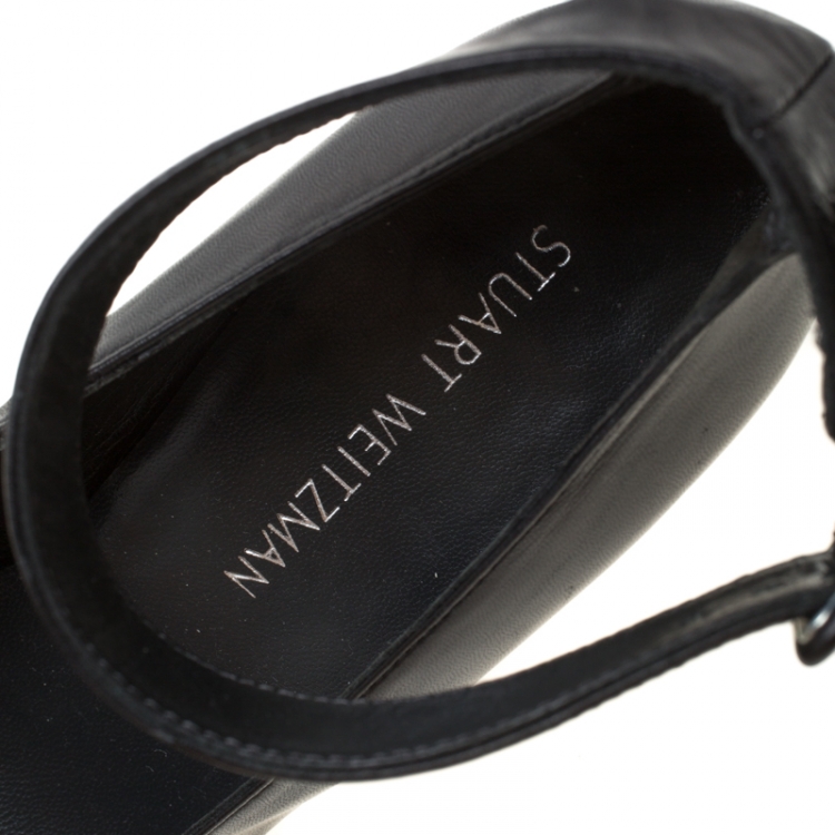 Pre Owned Stuart Weitzman Black Leather Ankle Strap Block Heel Pumps Size 42.5