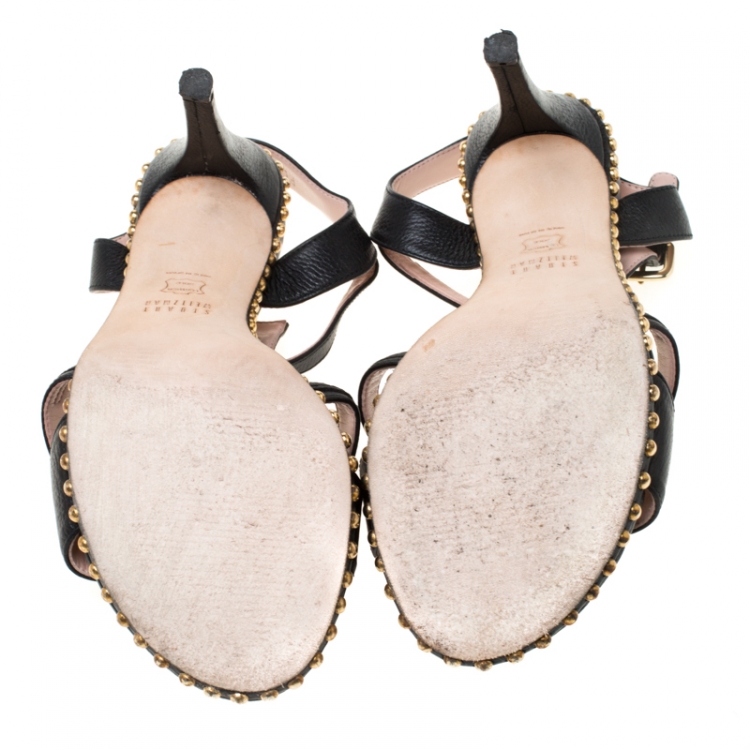 Pre Owned Stuart Weitzman Black Leather Tassel Detail Studded T Strap Sandals Size 37