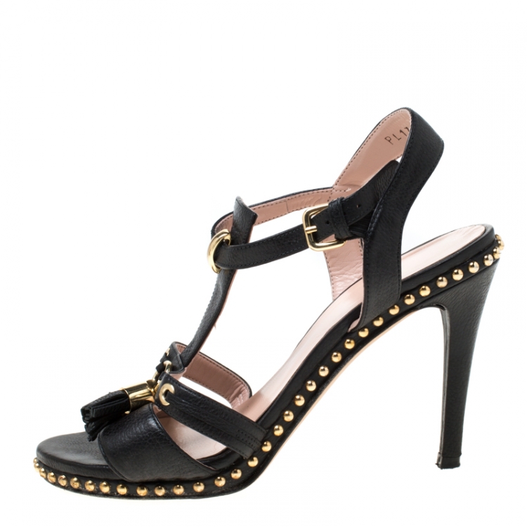 Pre Owned Stuart Weitzman Black Leather Tassel Detail Studded T Strap Sandals Size 37