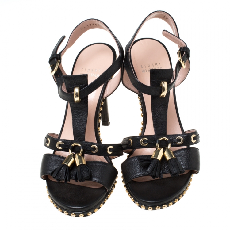 Pre Owned Stuart Weitzman Black Leather Tassel Detail Studded T Strap Sandals Size 37