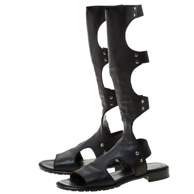 Pre Owned Stuart Weitzman Black Leather Backview Flat Sandals Size 37.5