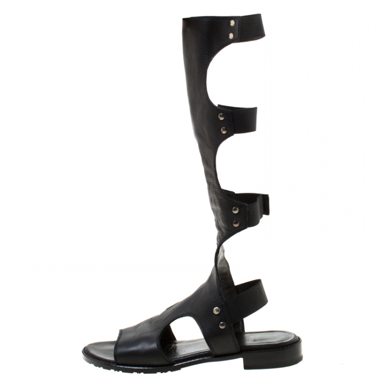 Pre Owned Stuart Weitzman Black Leather Backview Flat Sandals Size 37.5