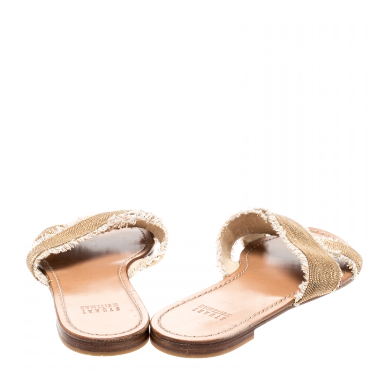 Pre Owned Stuart Weitzman Gold/Brown Edgeway Frayed Slide Sandals Size 38