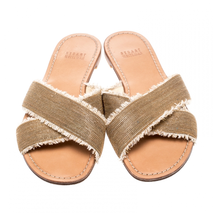 Pre Owned Stuart Weitzman Gold/Brown Edgeway Frayed Slide Sandals Size 38