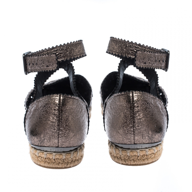 Pre Owned Stuart Weitzman Metallic Lasercut Textured Leather Ozarks Espadrilles Flat Size 37.5
