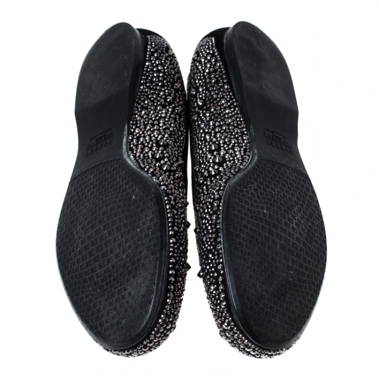 Pre Owned Stuart Weitzman Black Suede Embellished Ballet Flats Size 37.5