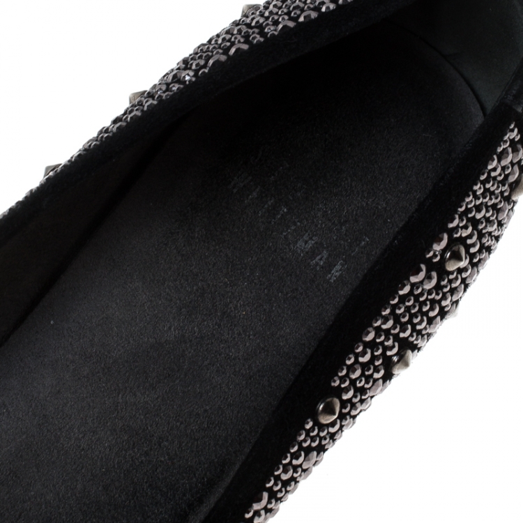 Pre Owned Stuart Weitzman Black Suede Embellished Ballet Flats Size 37.5