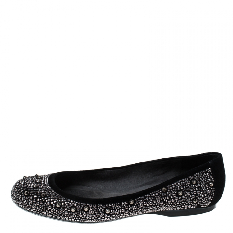 Pre Owned Stuart Weitzman Black Suede Embellished Ballet Flats Size 37.5