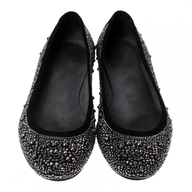 Pre Owned Stuart Weitzman Black Suede Embellished Ballet Flats Size 37.5