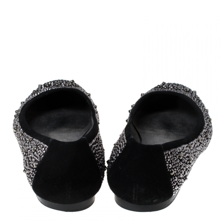 Pre Owned Stuart Weitzman Black Suede Embellished Ballet Flats Size 37.5