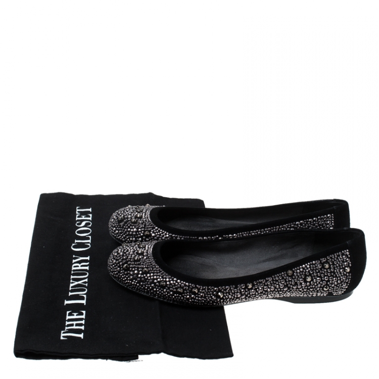 Pre Owned Stuart Weitzman Black Suede Embellished Ballet Flats Size 37.5