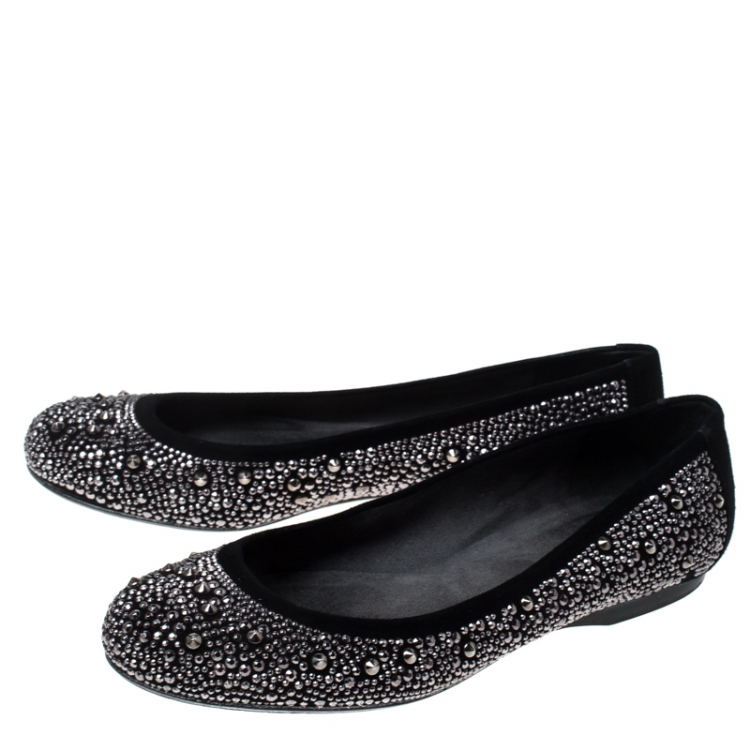 Pre Owned Stuart Weitzman Black Suede Embellished Ballet Flats Size 37.5
