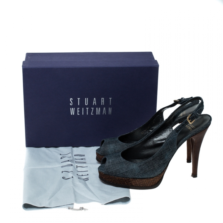 Pre Owned Stuart Weitzman Blue Denim Peep Toe Platform Slingback Sandals Size 40